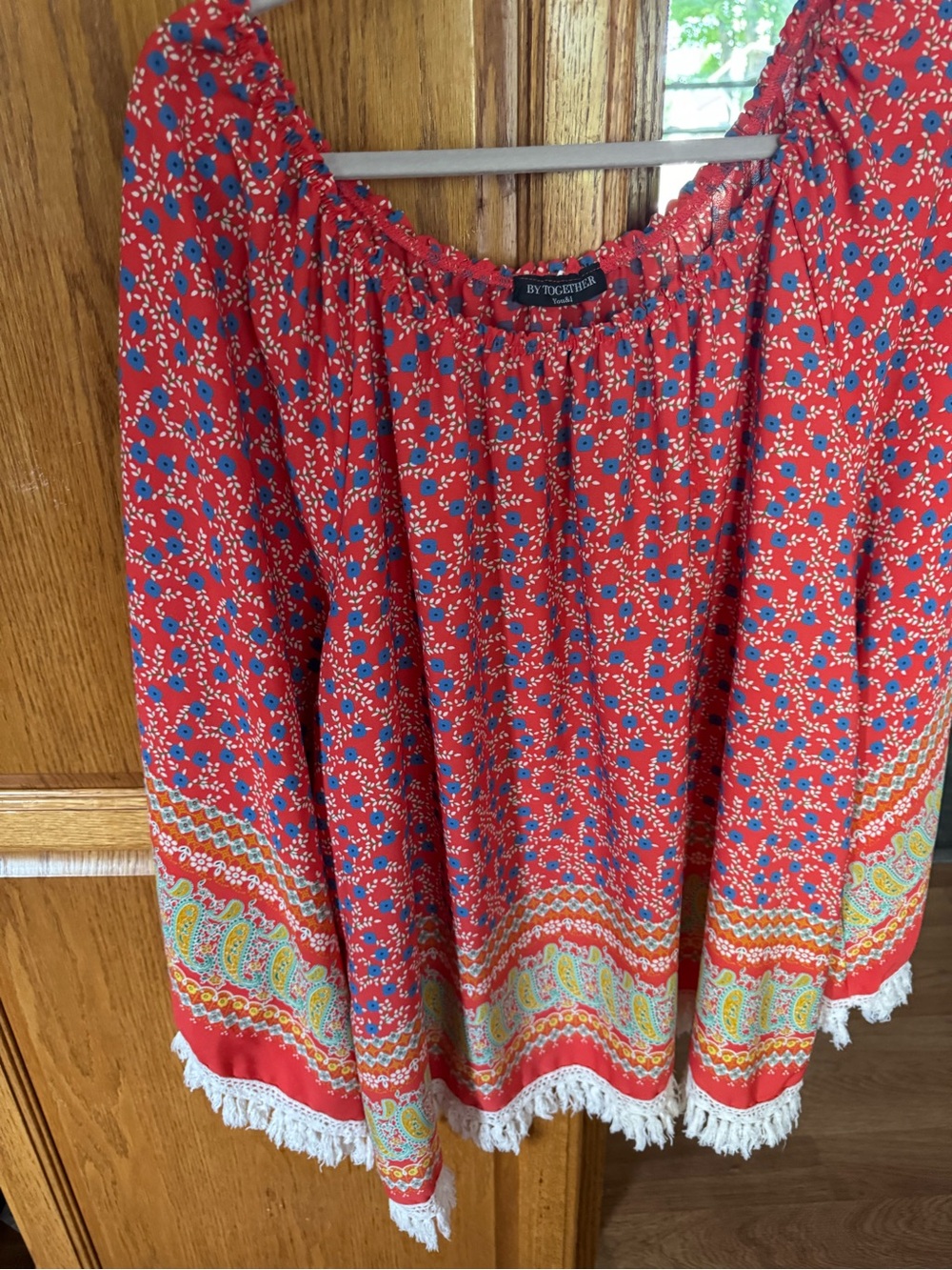 By Together Red Floral Smocked Neck Blouse with Blue Flower Print